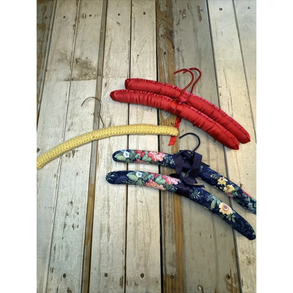 Vintage Red Satin, Blue Floral Fabric & One Crochet Padded Coat Hanger Lot Of 5